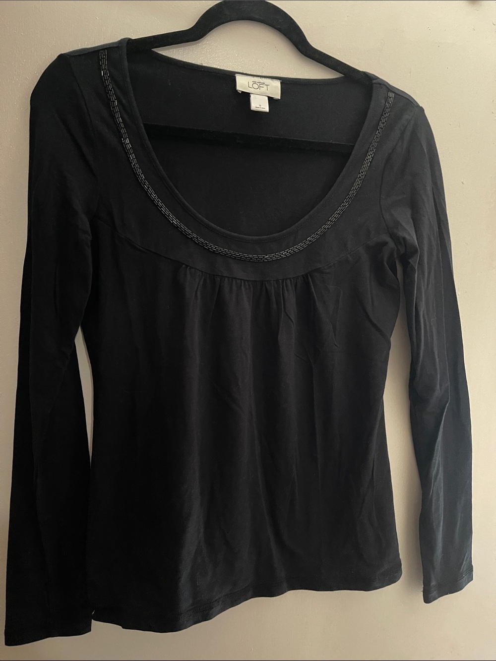 LOFT Black Scoop-Neck Long Sleeve Top with Beaded Trim